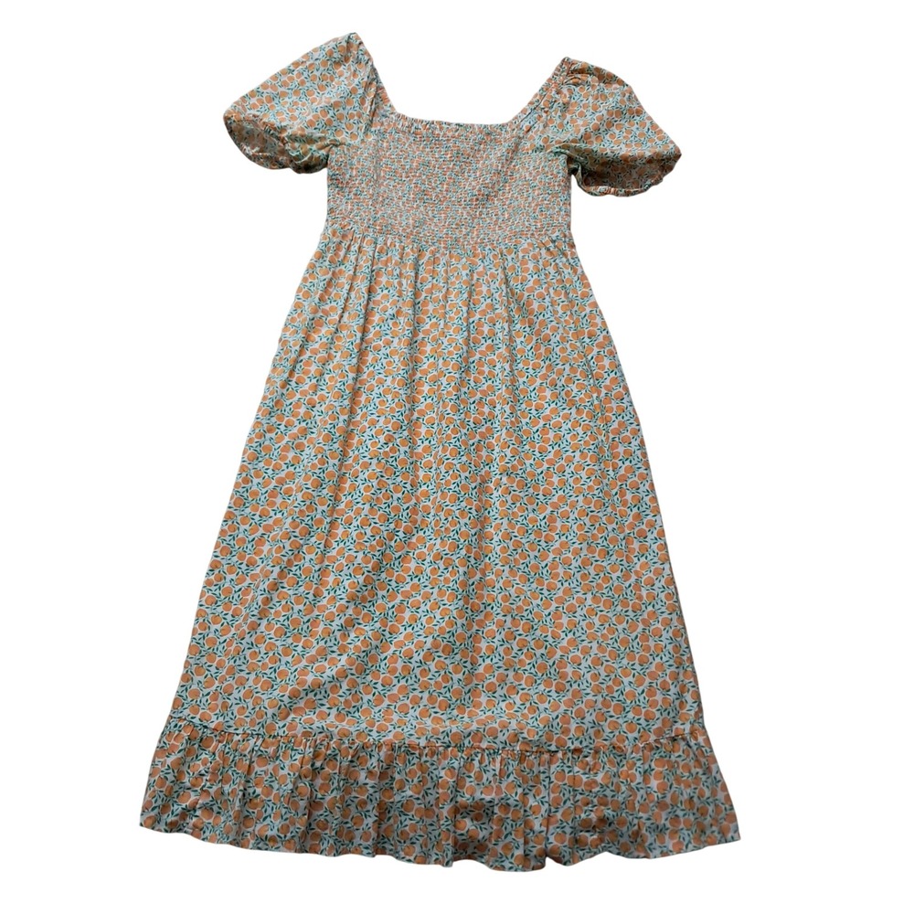 J. Crew Midi Dress Womens Medium White Peach Fruit Smocked Cottage Puff Sleeve